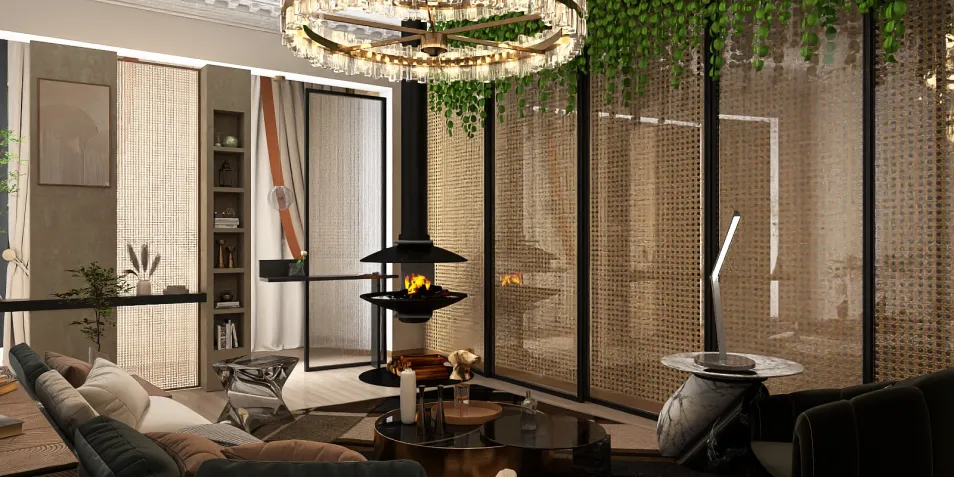 modern living room design featuring a stylish layout with a cozy seating area and unique lighting, utilizing Homestyler's real-time 3D rendering for an immersive design experience.