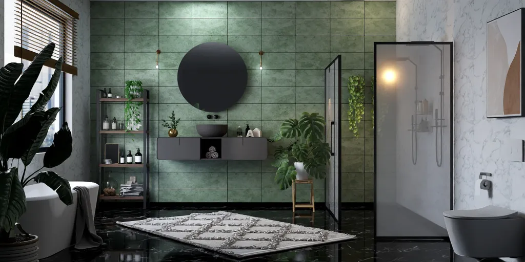 a bathroom with a white toilet and a black counter 