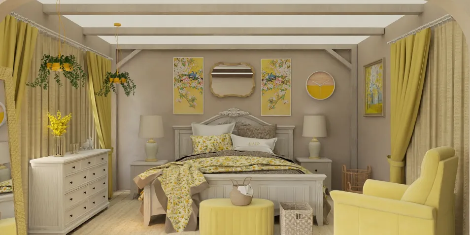 yellow-themed bedroom design featuring floral bedding and curtains with a cozy ambiance, showcasing interior decor using Homestyler's real-time 3D rendering for an immersive preview.