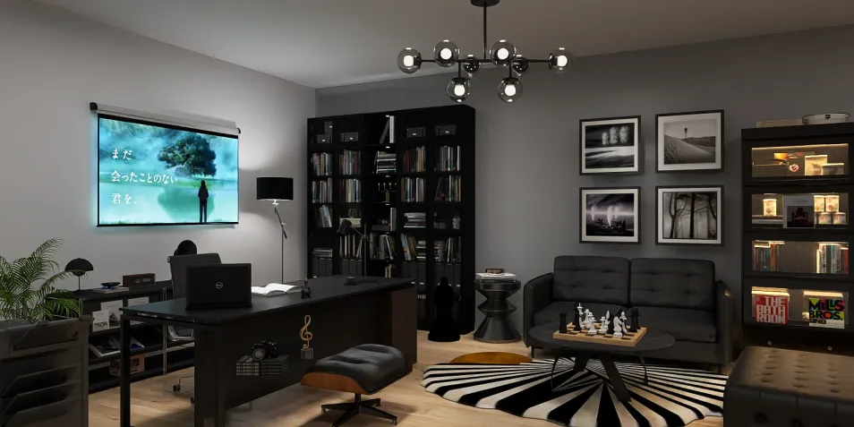 home office with modern furniture arrangement featuring a stylish desk and bookshelf layout using Homestyler's real-time 3D rendering to visualize interior design.