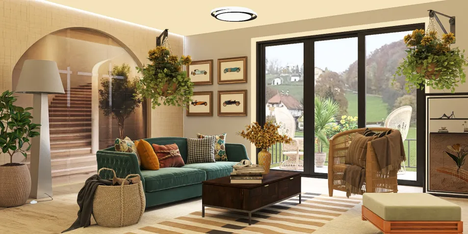 cozy living room with a green sofa, enhancing natural light with large windows in a modern style, featuring smart furniture arrangement for optimal space utilization using Homestyler's 3D rendering feature.