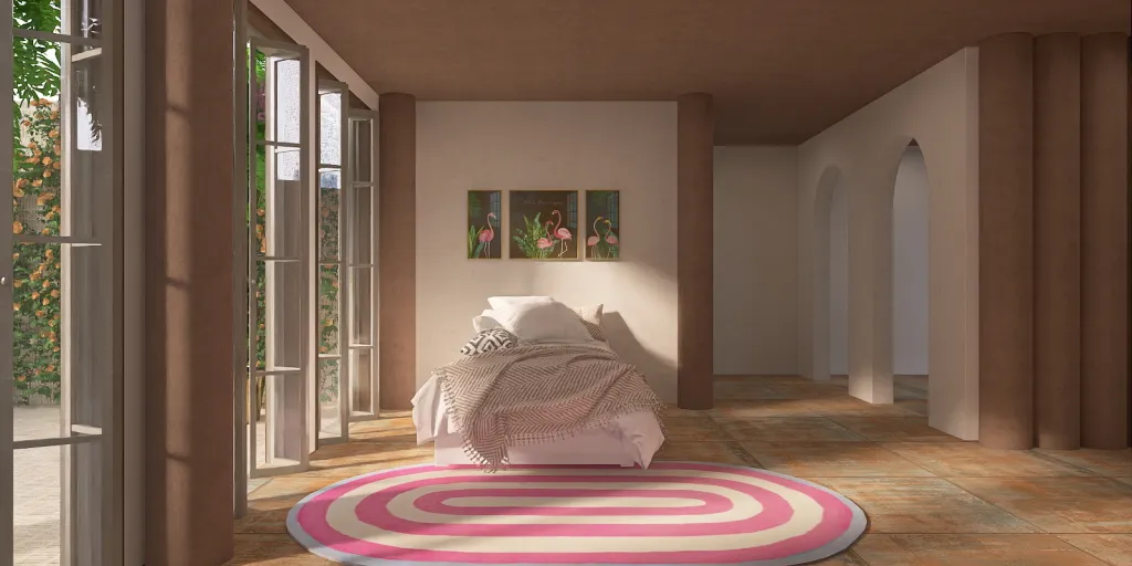 a room with a rug and a bed in it 