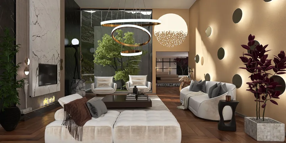 modern living room interior design featuring a spacious layout and elegant furniture arrangement with warm tones, utilizing Homestyler's real-time 3D rendering for an immersive preview.