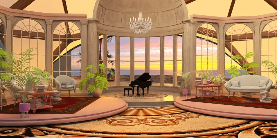 luxurious living room showcasing elegant furniture arrangement with panoramic ocean views in a contemporary style, featuring Homestyler's real-time 3D rendering.