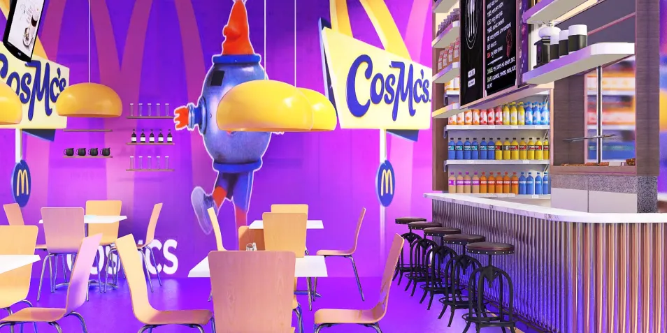 colorful cafe interior featuring modern seating arrangements and a vibrant wall design with cartoon characters, showcasing an engaging atmosphere for customers, utilizing Homestyler's real-time 3D rendering for accurate design previews.