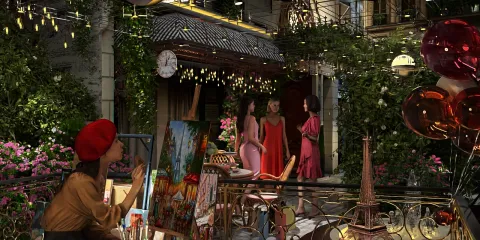 outdoor dining area with artistic details and vibrant decorations hosting a gathering of friends in a cozy ambiance, featuring a painted canvas and lush greenery, utilizing Homestyler's real-time 3D rendering for design previews.