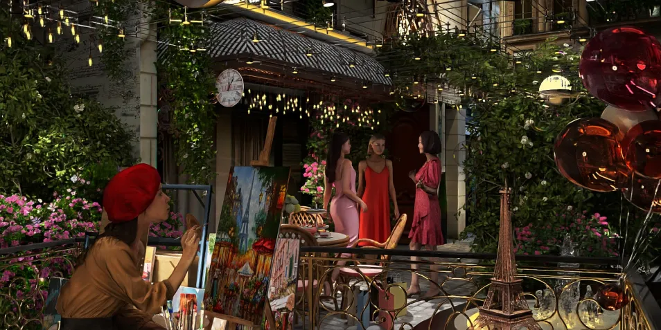 outdoor dining area with artistic details and vibrant decorations hosting a gathering of friends in a cozy ambiance, featuring a painted canvas and lush greenery, utilizing Homestyler's real-time 3D rendering for design previews.