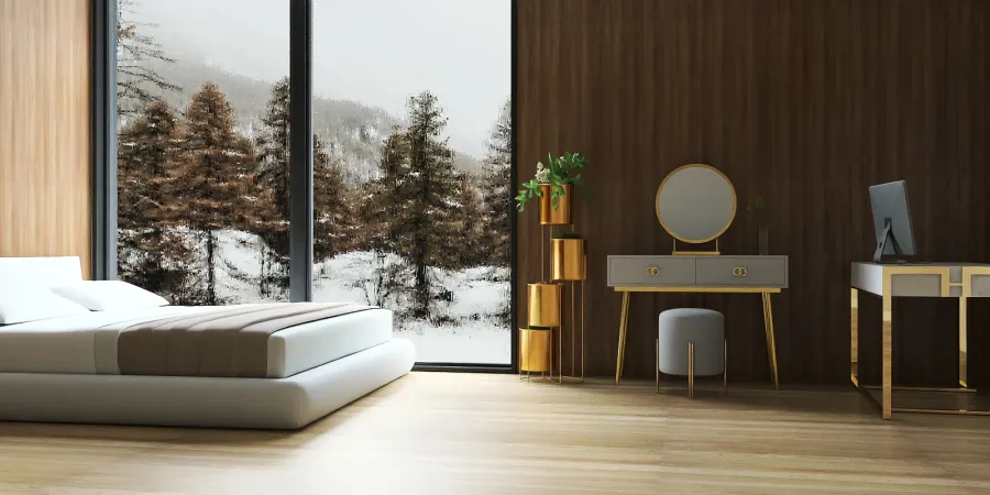 a bedroom with a bed, chair, and a window 