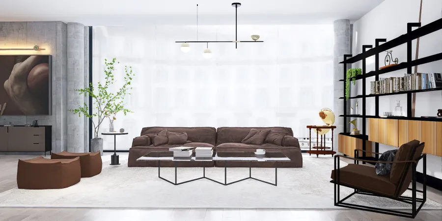 a living room with a couch, coffee table and a lamp 