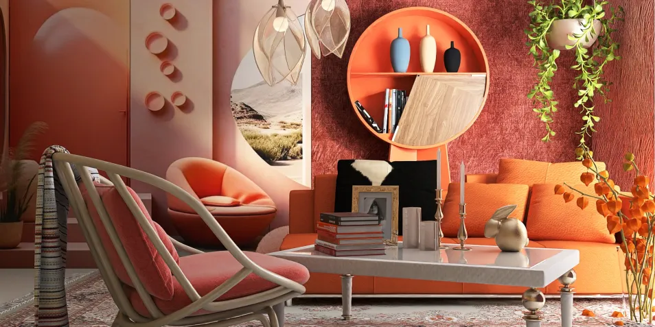 Modern living room featuring a cozy seating arrangement and vibrant decor with earthy tones, designed for interior aesthetics using Homestyler's real-time 3D rendering for speedy design previews.