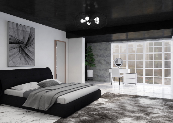 Simple monochromatic black&white bedroom Design Rendering
