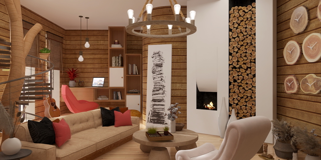 a living room with a couch, chairs, and a fireplace 