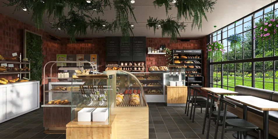 cozy bakery interior showcasing display cases filled with fresh pastries and artisanal breads, featuring a rustic style with natural elements and large windows for ample sunlight, optimized for interior decor design using Homestyler's real-time 3D rendering feature