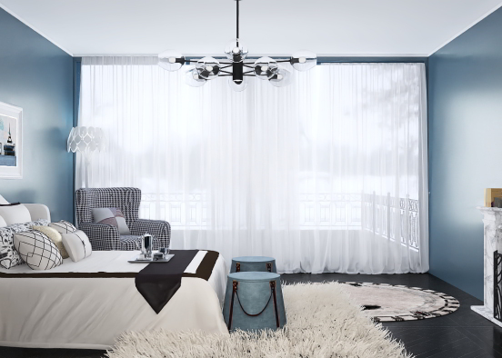Um calmo quarto azul e branco  Design Rendering