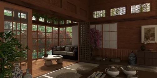 Traditional Japanese living room with wooden elements, showcasing the use of natural light and greenery, enhancing indoor tranquility. Featuring Homestyler's real-time 3D rendering for detailed design visualization.