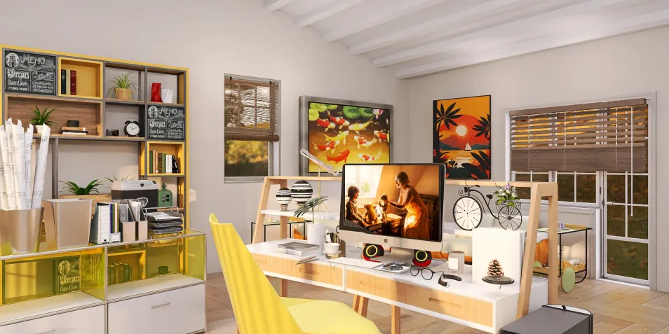 home office interior design featuring a creative workspace with smart furniture arrangement in a modern style, optimizing small space functionality using Homestyler's real-time 3D rendering feature.