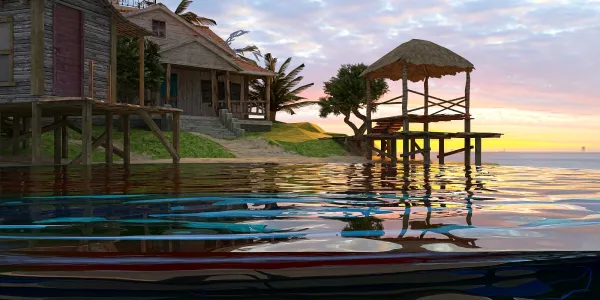 3D rendering of a tranquil waterfront scene featuring a rustic wooden house and a gazebo by the water at sunset, showcasing a serene outdoor ambiance for landscape design inspiration, utilizing Homestyler's real-time 3D rendering feature.