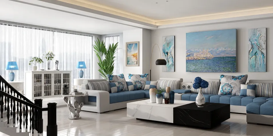 modern living room featuring a blue and white sectional sofa with decorative pillows, designed to optimize space effectively while using Homestyler's real-time 3D rendering for a realistic preview.