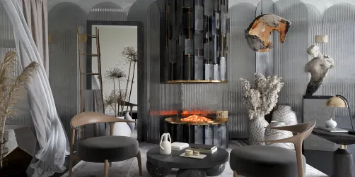 modern living room design featuring a stylish fireplace with a sculptural element, utilizing interior decor principles for an elegant atmosphere, showcasing Homestyler's real-time 3D rendering capability