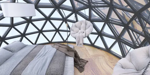 Futuristic bedroom with hanging chair and large geometric windows featuring cozy bedding in calming tones, showcasing modern interior design using Homestyler's real-time 3D rendering for accurate preview.