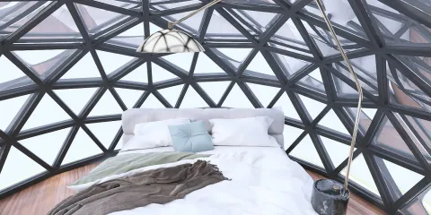 geometric bedroom design featuring a triangular window structure, showcasing a cozy bed arrangement with a minimalist style, highlighting Homestyler's real-time 3D rendering feature for improved design visualization.