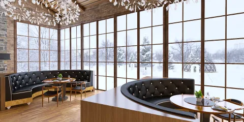 modern dining area featuring curved seating arrangement with elegant wood finishes, styled with winter view through large windows, showcasing interior design aesthetics; utilizing Homestyler's real-time 3D rendering for visualization.