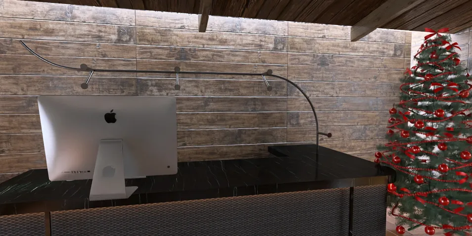 modern reception desk featuring a computer setup and a Christmas tree, creating a festive yet professional atmosphere, utilizing Homestyler's real-time 3D rendering for design visualization.