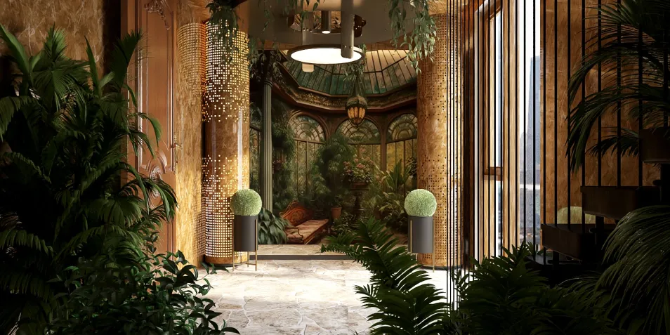 lush greenery entrance hallway featuring real-time 3D rendering in a luxurious interior design style with a serene atmosphere