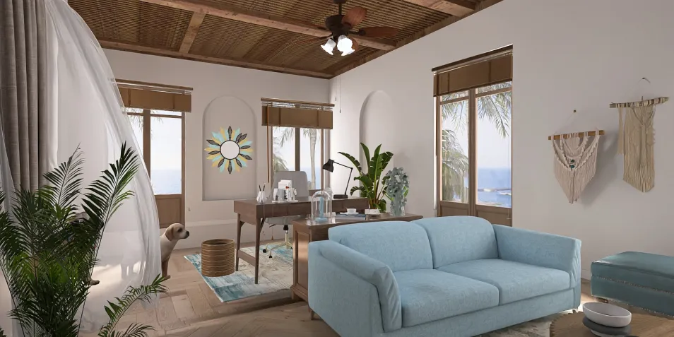 Living room featuring a light blue sofa and a wooden desk, showcasing a coastal design style with natural light and greenery, utilizing Homestyler's real-time 3D rendering feature for interior design visualization.