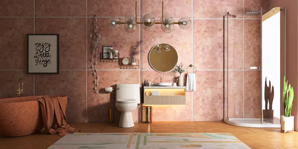 a bathroom with a toilet, sink, mirror and a bath tub 