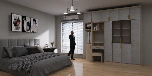 Kamar Tidur dengan dominan warna abu abu muda 
