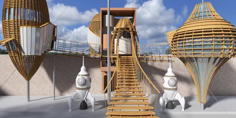 Futuristic architectural structure showcasing innovative wooden designs and rocket motifs, emphasizing advanced 3D rendering capabilities in a vibrant outdoor setting.