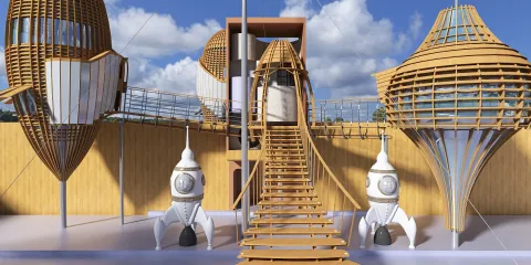 Futuristic architectural structures with wooden accents showcasing 3D design renderings in a modern space, utilizing Homestyler's real-time 3D rendering feature for design proposals.