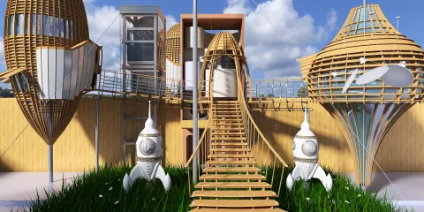 unique wooden architectural structure featuring organic shapes and a staircase design in a futuristic style, showcasing innovative exterior design with Homestyler's real-time 3D rendering capabilities.