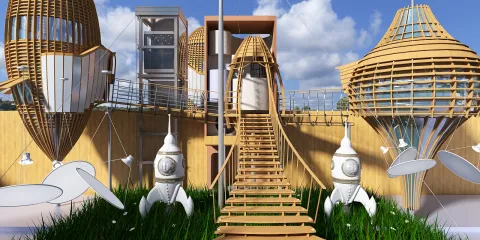 Futuristic wooden structure with spiral staircase and unique design elements showcasing outdoor space optimization in an eco-friendly style, featuring Homestyler's real-time 3D rendering capabilities.