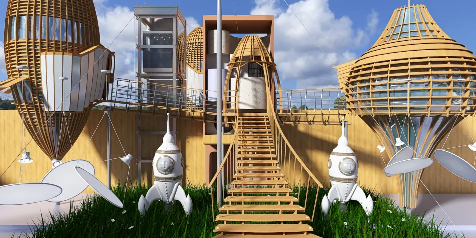 Futuristic wooden structure with spiral staircase and unique design elements showcasing outdoor space optimization in an eco-friendly style, featuring Homestyler's real-time 3D rendering capabilities.