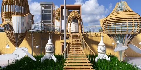 futuristic architecture design featuring wooden structures with intricate details and greenery, optimizing outdoor spaces, showcasing Homestyler's real-time 3D rendering capabilities.