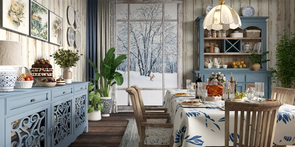 Dining area with blue buffet and table setting in a cozy winter-themed design featuring floral patterns and a snowy view, showcasing Homestyler's real-time 3D rendering for interior design.