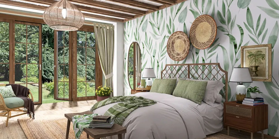 Cozy bedroom showcasing a botanical wallpaper design with tropical leaves, featuring a wooden bed adorned with green accents and a natural fiber rug, emphasizing interior decor while utilizing Homestyler's real-time 3D rendering feature for effective design visualization.
