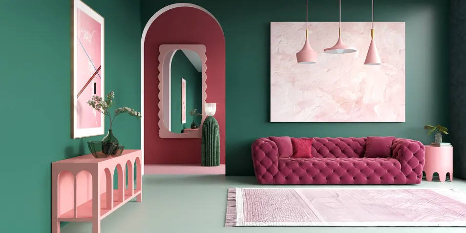 Stylish living room featuring a pink velvet sofa and green walls, showcasing modern interior design with a focus on color contrast and elegance; utilizing Homestyler's real-time 3D rendering for accurate decoration previews.