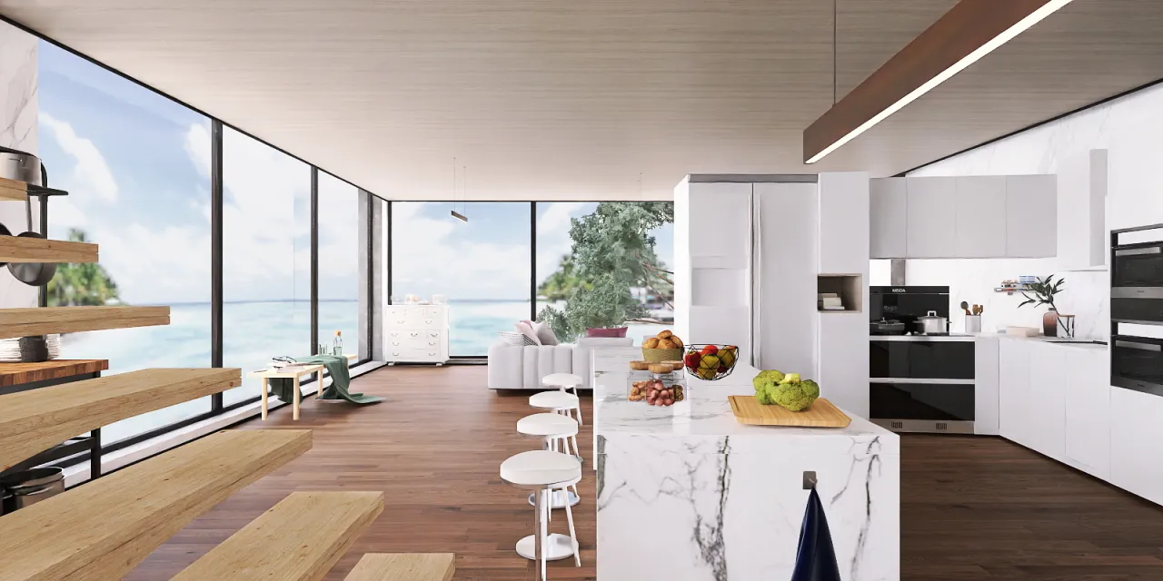 a kitchen with a dining table and a large window 