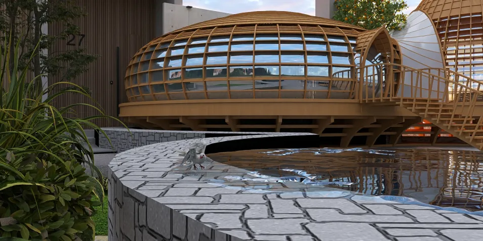 modern architectural structure overlooking a water feature with natural landscaping, featuring outdoor design elements, showcasing the smart landscape design tool of Homestyler.