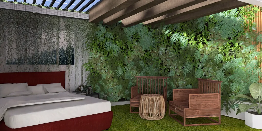 a bed room with a canopy and a tree 