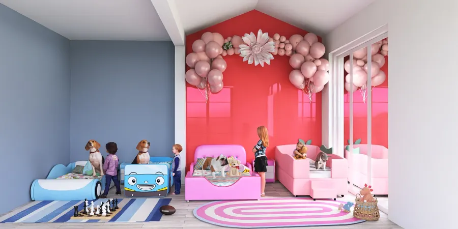 a room with a pink bed and a pink dresser 