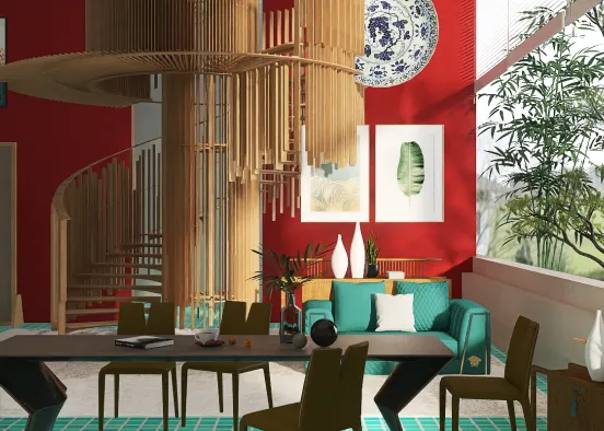 Blue-Green Dining Area Design Rendering