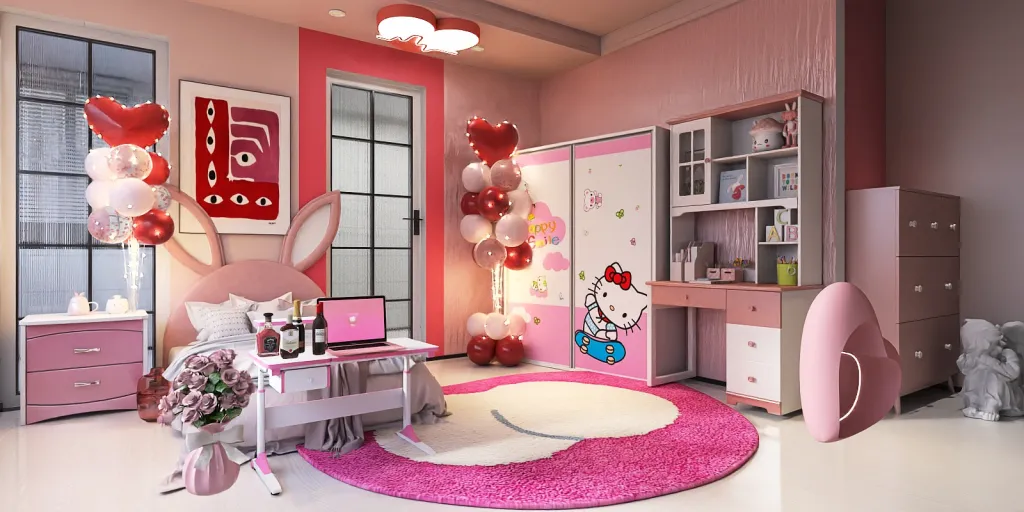 a small child's bedroom with a pink doll and a pink doll 