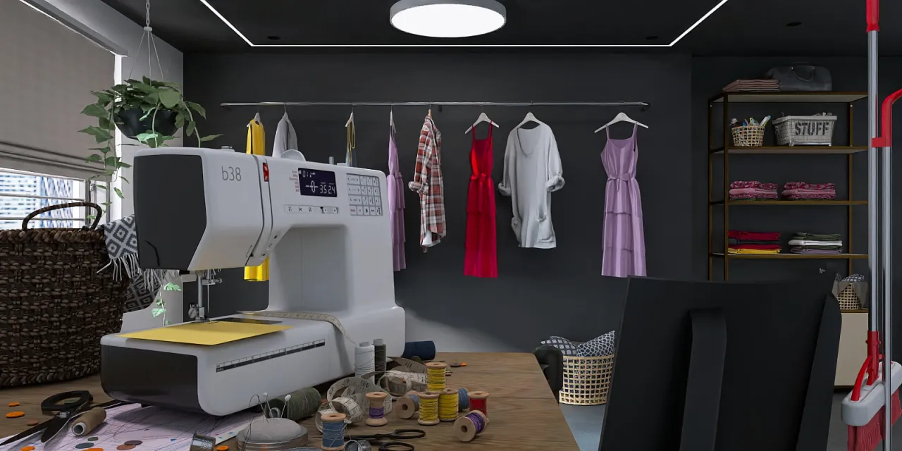 a kitchen with a sink, a dresser, and a shelf 