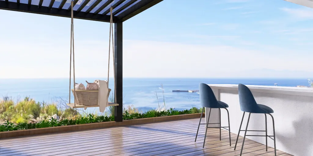 a balcony overlooking a beach with a view of the ocean 