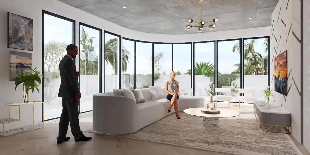 a man and woman are standing in a living room 