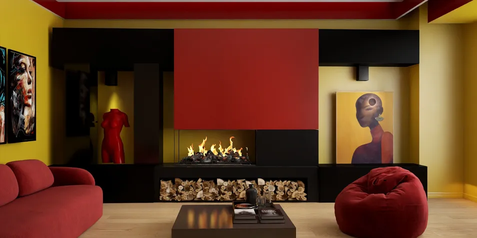 Modern living room featuring a striking red accent wall and black furniture arrangement, showcasing a cozy fireplace with artistic decor; ideal for maximizing small space design using Homestyler's real-time 3D rendering.